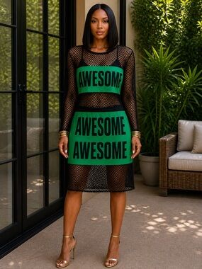 SHEIN Black Fishnet Long Sleeve Dress with Bright Green Panels